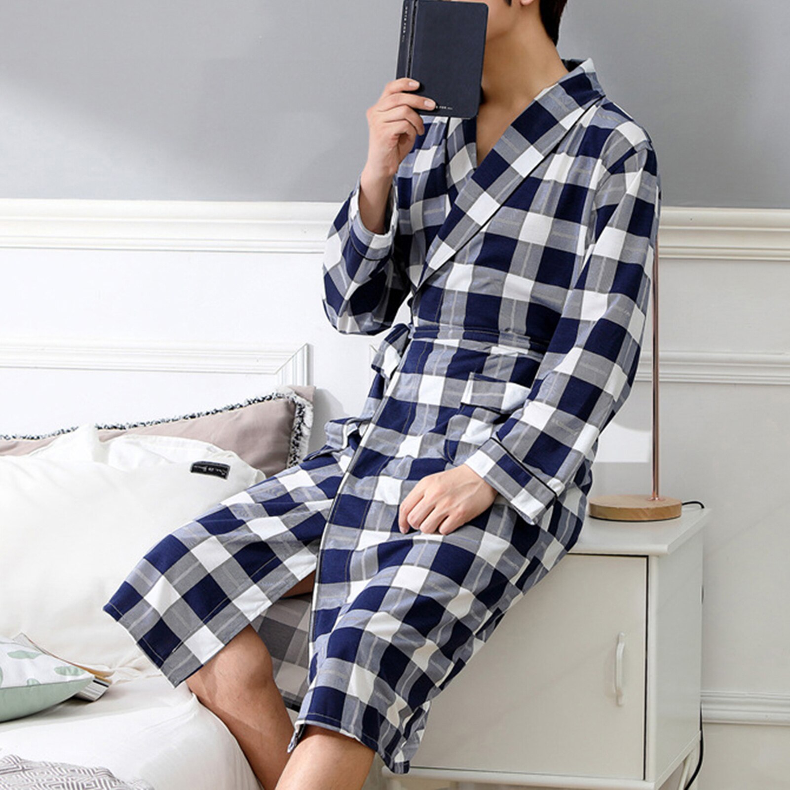 Men Robes Sleepwear Casual Soft Color Block Pockets Warm Soft Long Sleeve Bath Robe Home Gown Sleepwear Home Pyjamas Plus Size