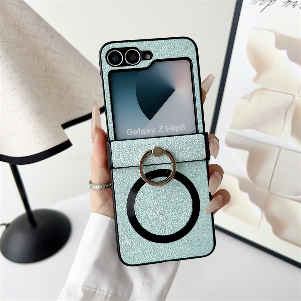 Glitter Magnetische Ring Houder Case voor Samsung Galaxy Z Flip6 Zflip5 ZFlip 3 4 5 6 Magsafe Draadloze Lading Scharnier Schokbestendige Cover: Polyester / Licht Groen