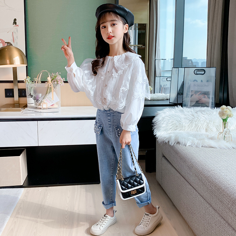 Camisa de encaje bordado para niña adolescente, Blusa de manga larga abombada de algodón con volantes para niña, blusas informales blancas para niño: 5 años