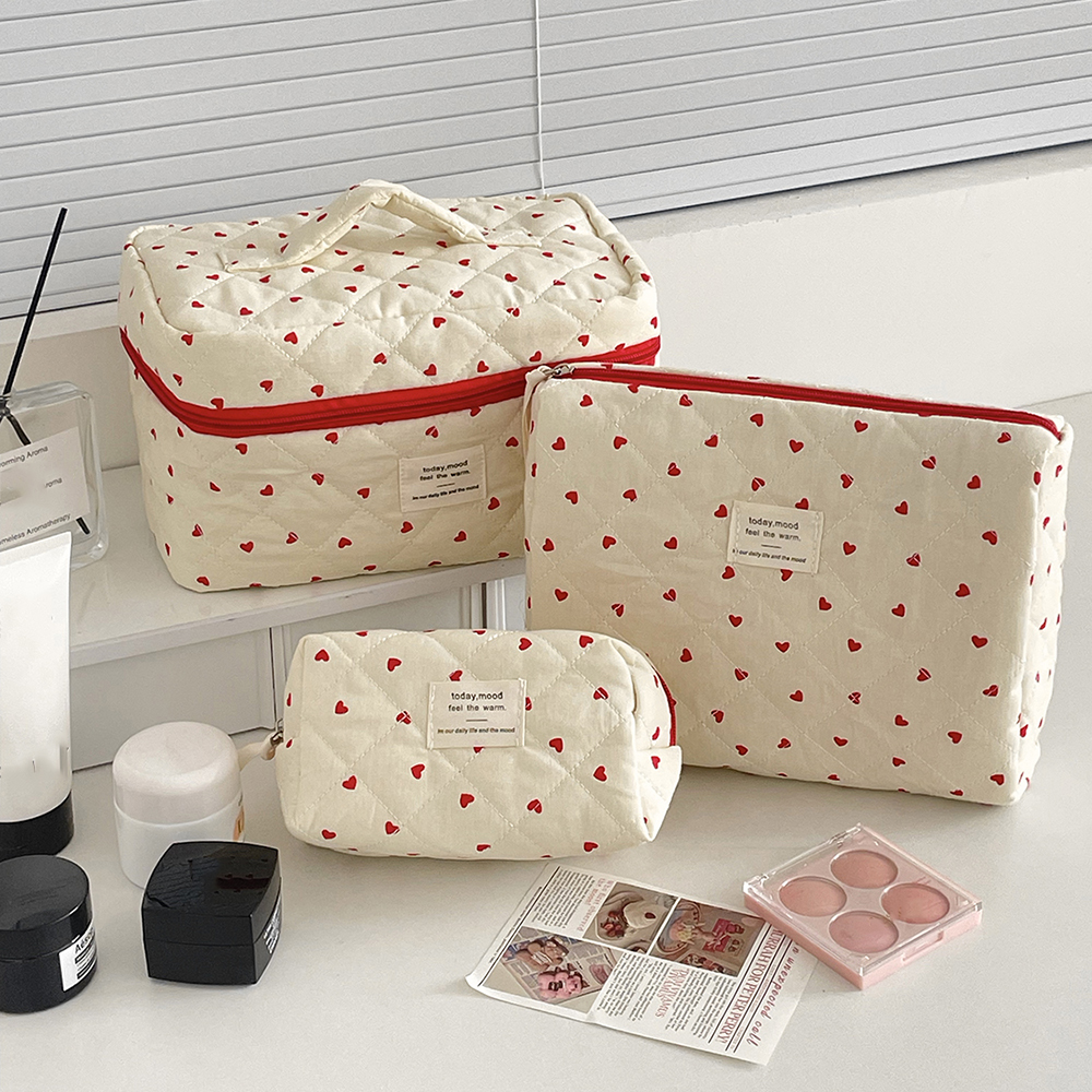 Ins Heart Women Quilting Makeup Bag Large Capacity Toiletry Cosmetic Storage Pouch Handbag Ladies Zipper Makeup Bag