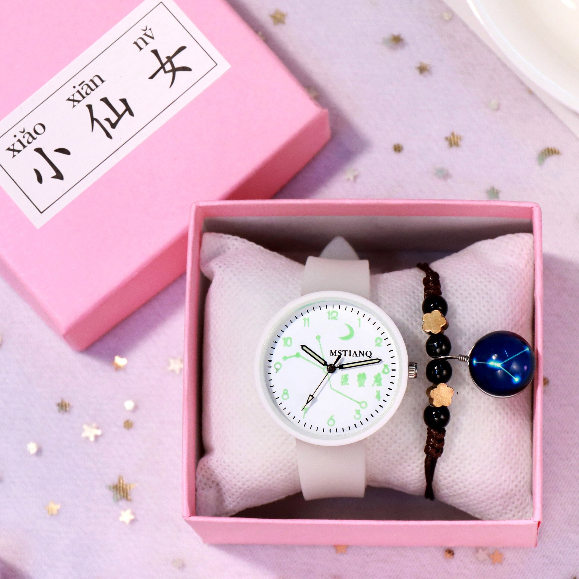 12 sterrenbeelden lichtgevende dameshorloges 1 set armband polshorloges siliconen band quartz horloges relogio feminino: Kanker geen doos