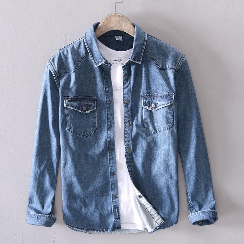 Menn uformelt denim skjorte slank bomull langermet vår solide myke topper herre grå denim skjorte chemise homme: Blå / M