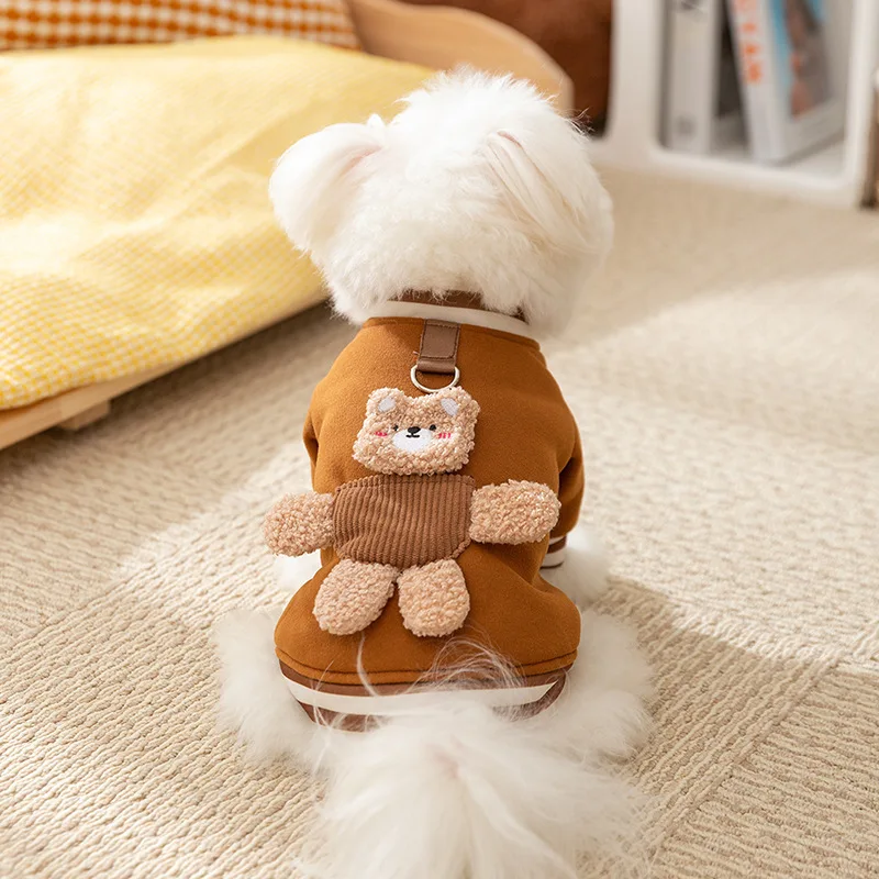Autumn and Winter Dog Corduroy Hoodie with High Collar Cute Little Bear with Warm Feet Cat Pet Clothing Puppy Clothes Dog Hoodie