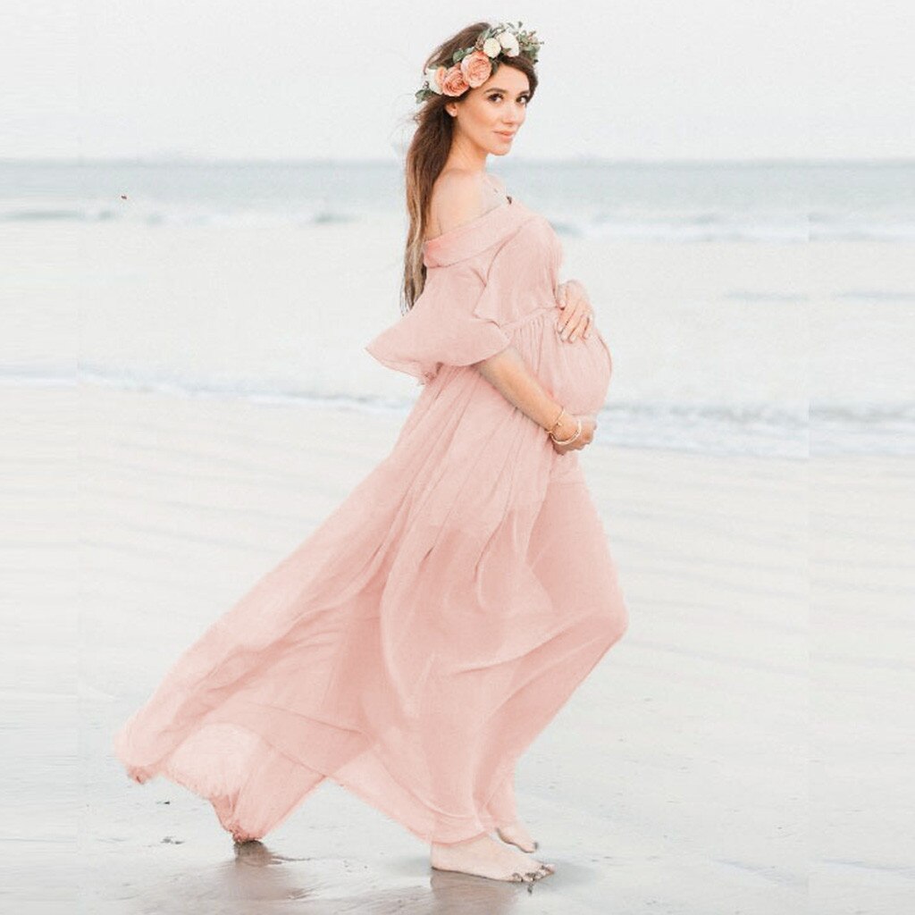 Women Maternity Dresses Summer One Shoulder Party Dress Photography Props Short Sleeve Ruffles Dress Pregnancy#f