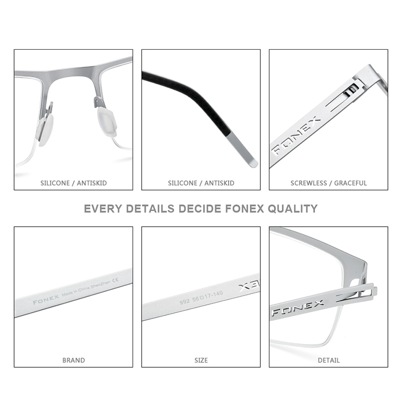 FONEX Alloy Glasses Frame Men Square Myopia Prescription Optical Eyeglasses Metal Half Korean Screwless Eyewear 992