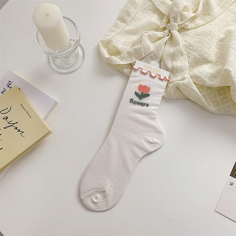 Calcetines largos con volantes para mujer, medias de estilo universitario, Harajuku, Retro: Pink