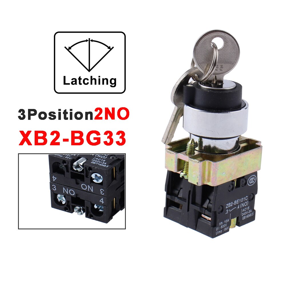 XB2-BG21/25/33/41/45/65/73 1NO/1NO1NC/2NO 2/3 position key operated selector push button switch Latching/Locking Momentary/Reset: XB2-BG33