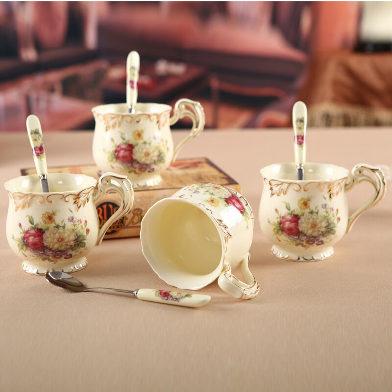 Juego de taza y platillo de café de cerámica rosa de estilo europeo, porcelana de alta calidad, tazas de té de la tarde inglesas, plato y cuchara.