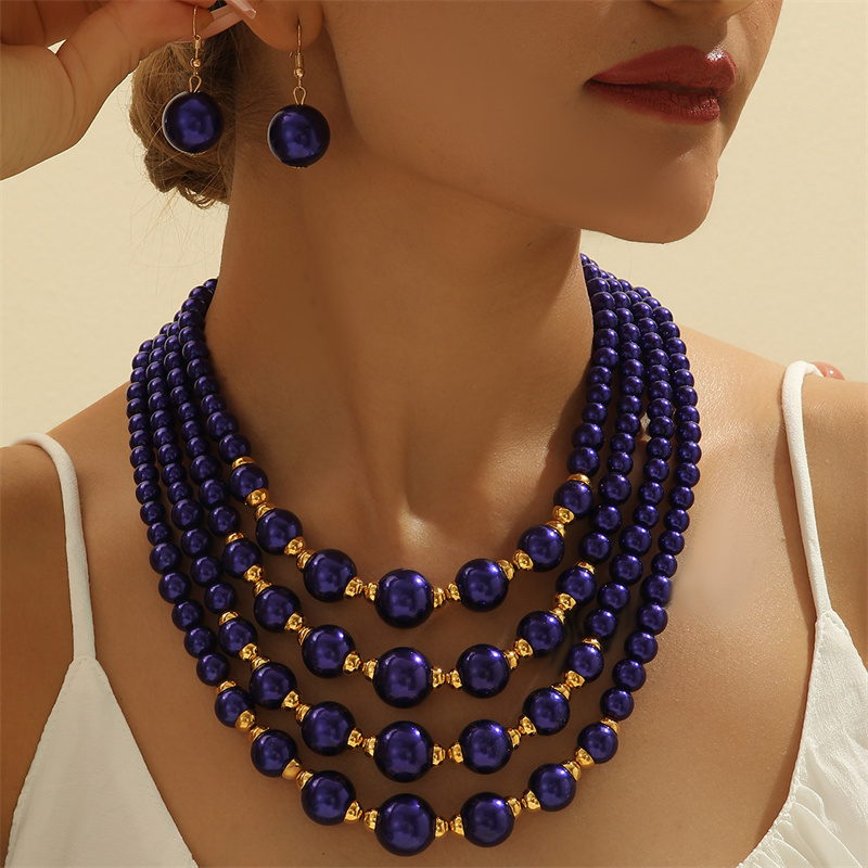 Meerlaagse bruidssieradensets voor dames, blauwe plastic kralen ketting en oorbellen set, afrikaanse kralen sieradenset