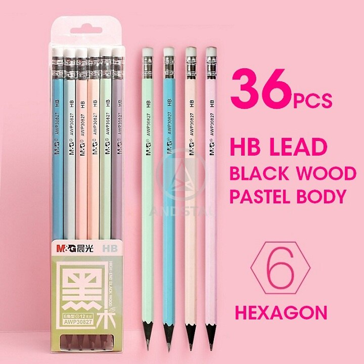 M&amp;G 12/24/48/120pcs Triangular HB Wood Pencil with Eraser Pre-Sharpened Lead Pencils Graphite Pencil for school supplies kids: 36pcs Black-PASTEL