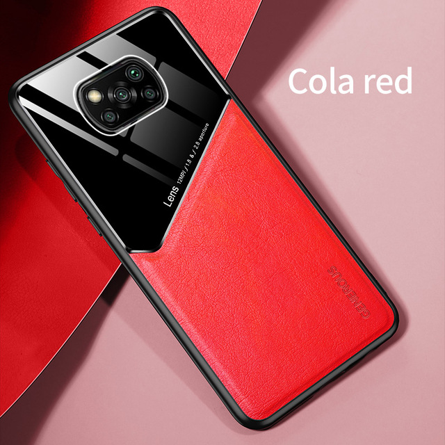 car magnetic holder plexiglass leather texture phone cover for xiaomi poco x3 pro x3pro x 3 nfc pocox3 nfs case shockproof coque: CANVAS / Red