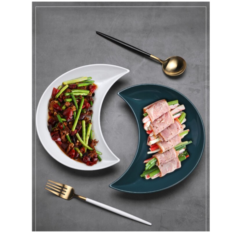 5 Pcs Kitchen Dinner Plates Crescent Shaped White Set Plate Dishes Stackable Food Snack Dinner Dish European Style Platters