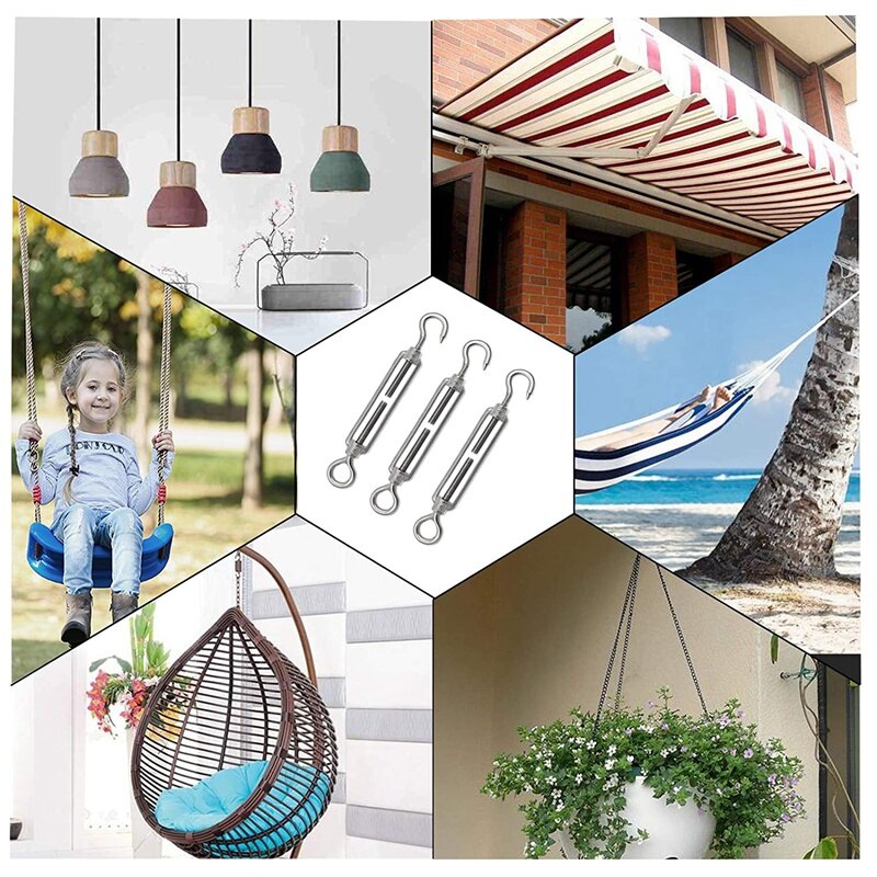 10 Pcs M6 304 Stainless Steel Turnbuckle Screw Hook Adjustable Wire Rope Tension Draw-In Bolt (Hook &amp;amp; Eye)