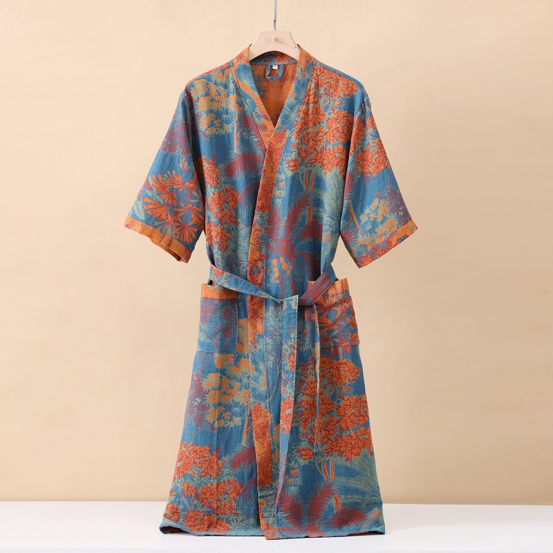 Modisch bedruckter Kimono-Bademantel aus Baumwolle mit halben Ärmeln für den Frühling und den Sommer: M / Gold