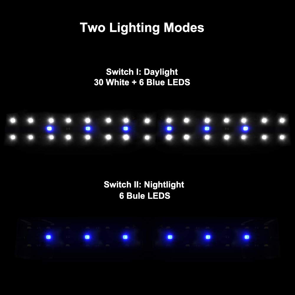 Super Bright LED Aquarium Light Double Bracket Blue and White Light Fish Tank Lamp Light with Extendable Bracket 36LEDs D30