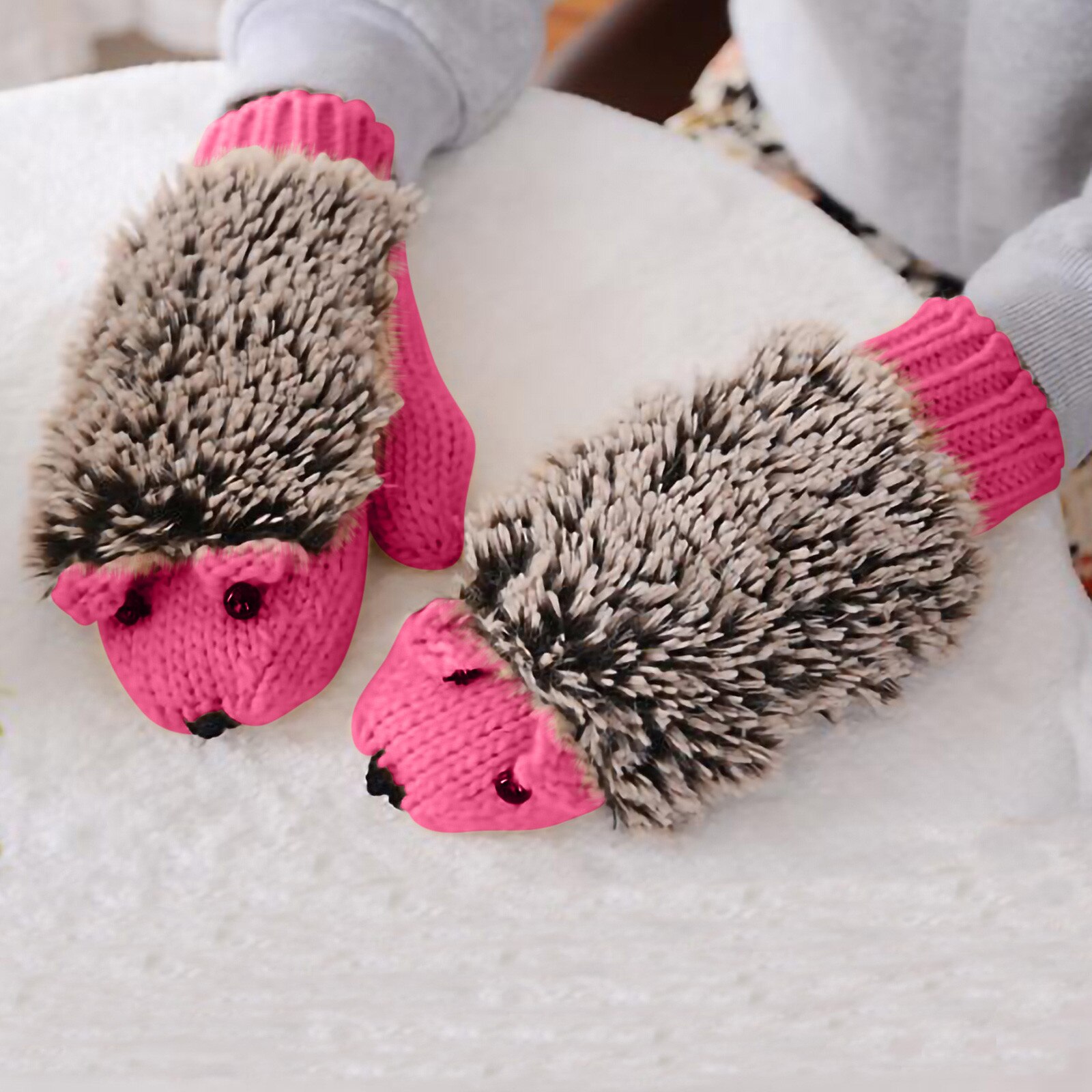 Winter Gloves Women Cartoon Hedgehog Wool Double Layer Thermal Mittens Full Finger Weave Gloves Перчатки Женские: Hot Pink