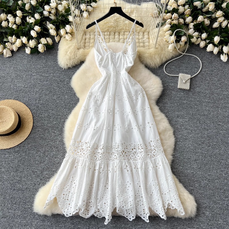Elegante Süße Hohe Taille V-ausschnitt Aushöhlen Stickerei Rüschen Slip Kleid Schlanke Frauen Sommer Party Hüfte Wrap Lange Kleider