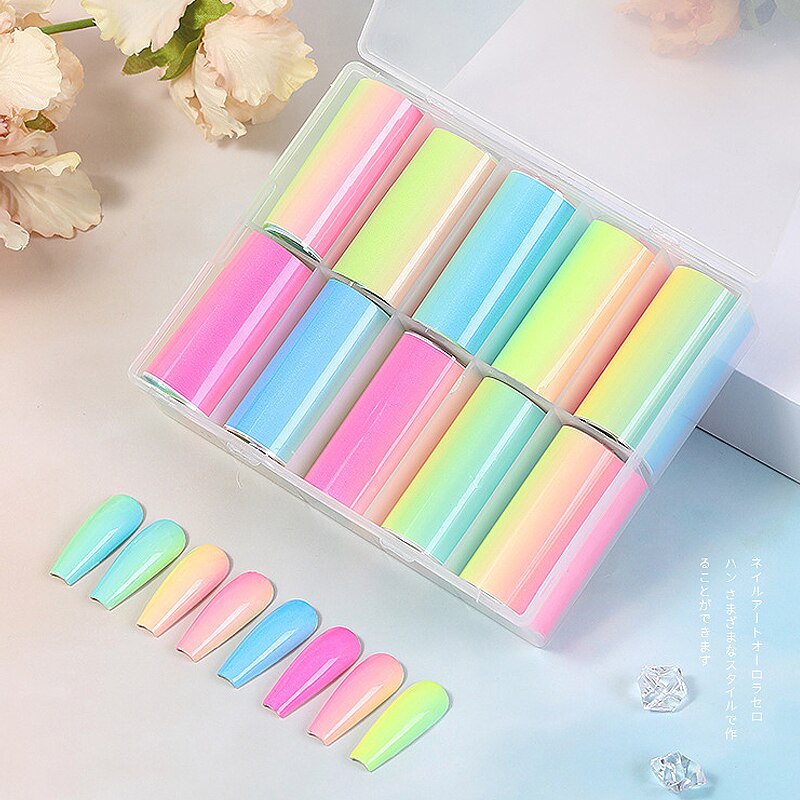10 ruller boks nail art folier klistremerke gradient neon godteri stjernehimmel papir glidebryter overføring full wraps dekal for manikyr gjør-det-selv-dekor