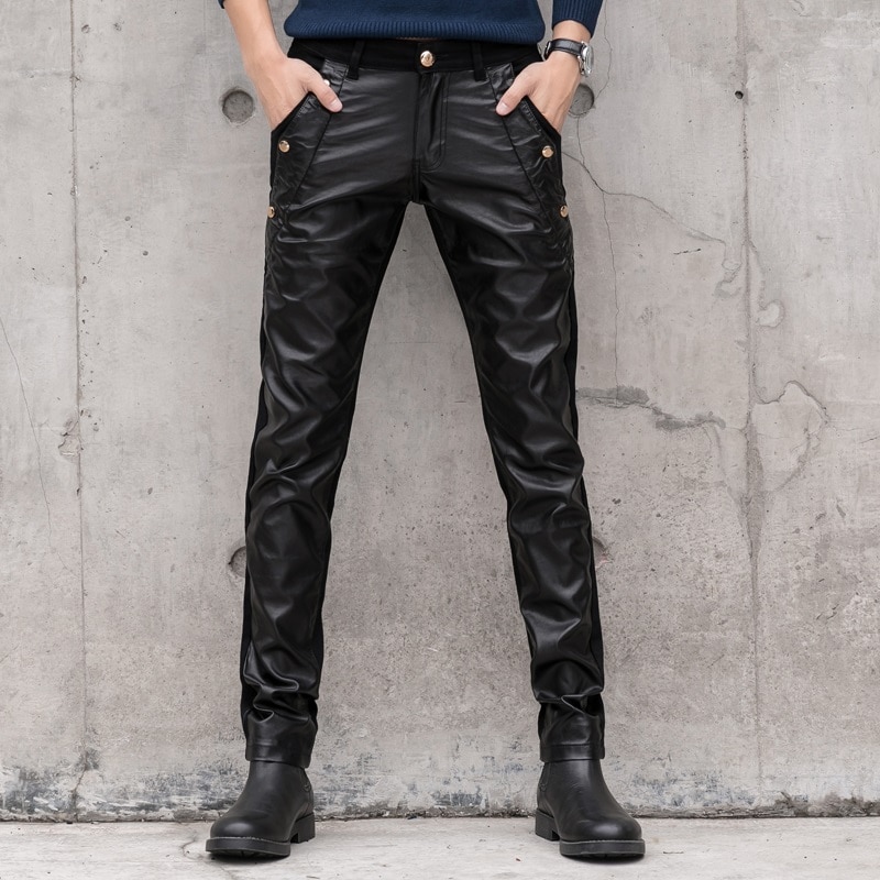 Mænds bukser imiteret læder jeans spliced denim bukser male stretch slim fit punk stage singer motorcykel casual bukser mænd