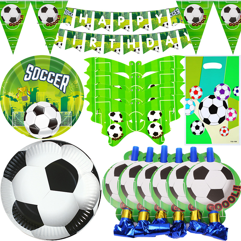 Decoraciones de de cumpleaños de fútbol para niños, globos de temática de fútbol, juego de vajilla para niños, platos de papel, servilletas, tazas, bandera