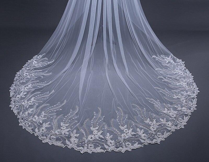 Real Photo Ivory Cathedral Wedding Veil Lace Appliques Bridal Veils for Bride Casamento Cheap wedding hair accessories