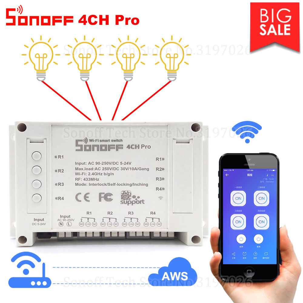 Itead Sonoff 4CH Pro Wifi Schakelaar 4 Gang Tippen Zelfborgende Interlock Wifi Rf Control Smart Switch App Remote werkt Met Alexa