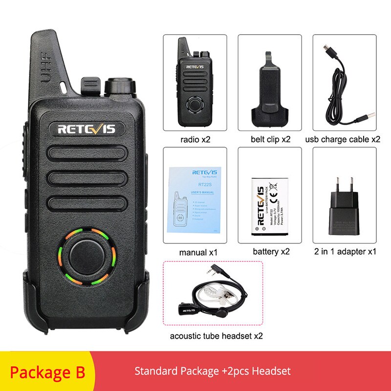 RETEVIS RT22S Walkie Talkie 2pcs Retevis RT22S 2W Portable Two-way Radio Station VOX USB Charging Hidden Display Hiking Travel: Package B