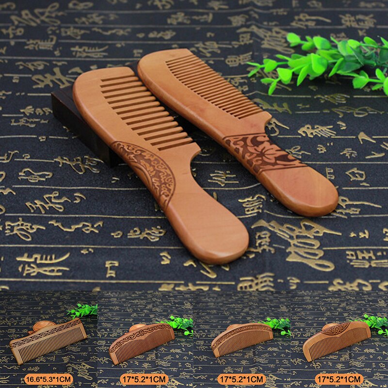 Natural Peach Solid Wood Comb Engraved Peach Wood Massage Comb Hair Care Tool Crafts Valentines Day Photo Props