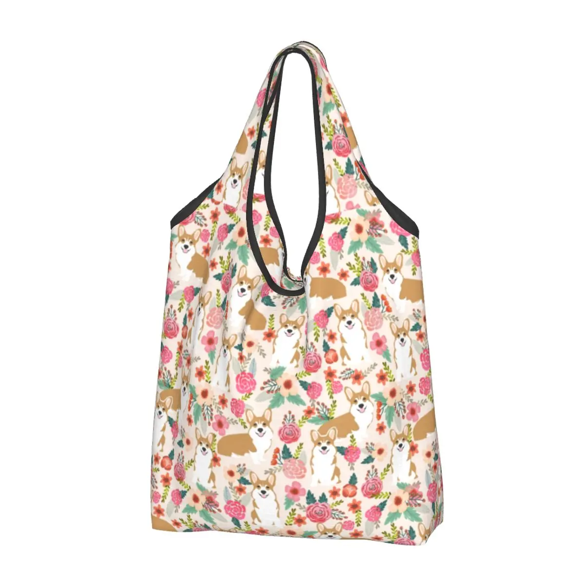 Recycling Coffee Welsh Corgis Dog Shopping Bag Women Tote Bag Portable Grocery Shopper Bags: black