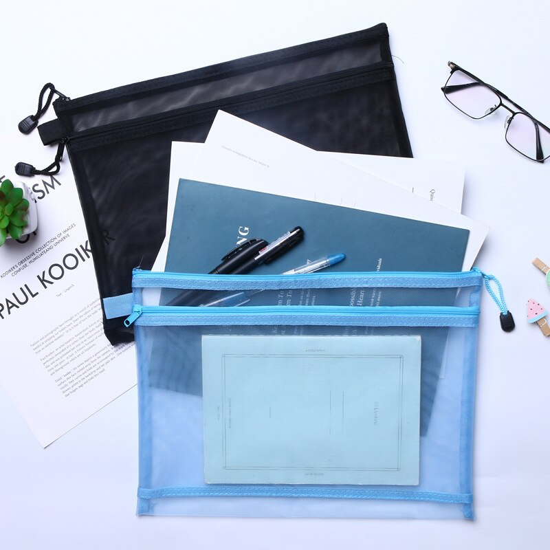 Transparent Mesh File Bag Portable Business Document Stationery Zipper Pocket Organizer Office Supplies Storage Tool Accessories