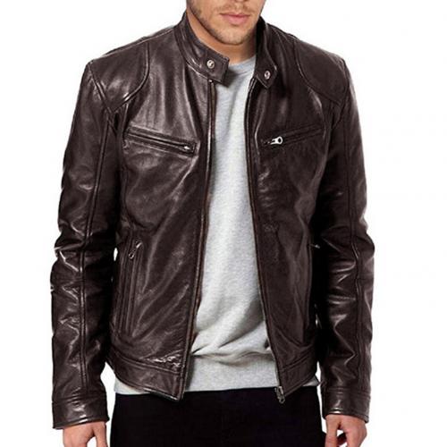Elegante uomo autunno manica lunga colletto alla coreana ecopelle cerniera giacca da moto giacca da uomo in tinta unita stile moto: Brown / M