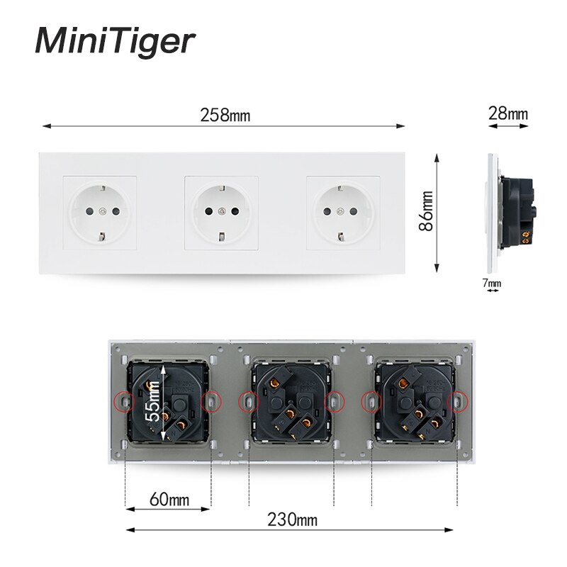 Minitiger White Wall PC Panel 3 Way Power Socket Plug Grounded, 16A EU Standard Electrical Triple Outlet 258mm * 86mm