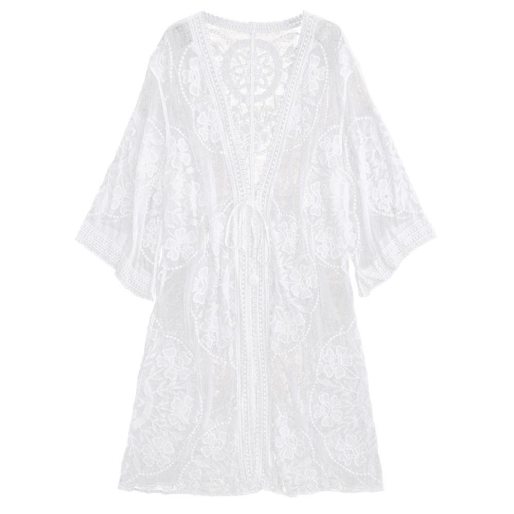 ZAFUL Women Sheer Lace Tie Front Kimono Cover Up Sunscreen Blouse Embroidered Cover Up Floral Thru See Through Cotton Summer: White