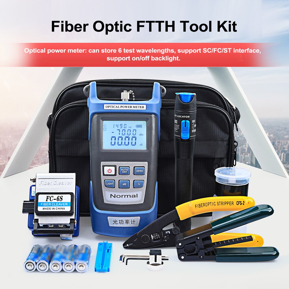 Fiber Optic FTTH Tool Kit Optical Power Meter Fiber Cleaver Wire Stripper Optical Fiber Cold Connection Tools Set &amp;Storage Bag