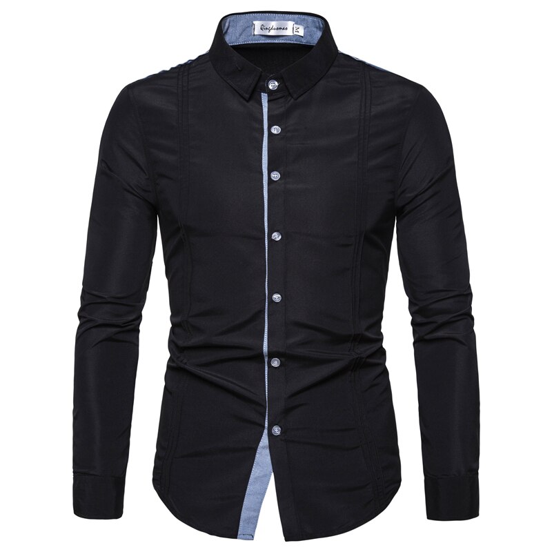 Casual Shirts Men Stitching Denim Long Sleeve Dress Shirt Chest Fold Daily Business Social Camisas 3XL