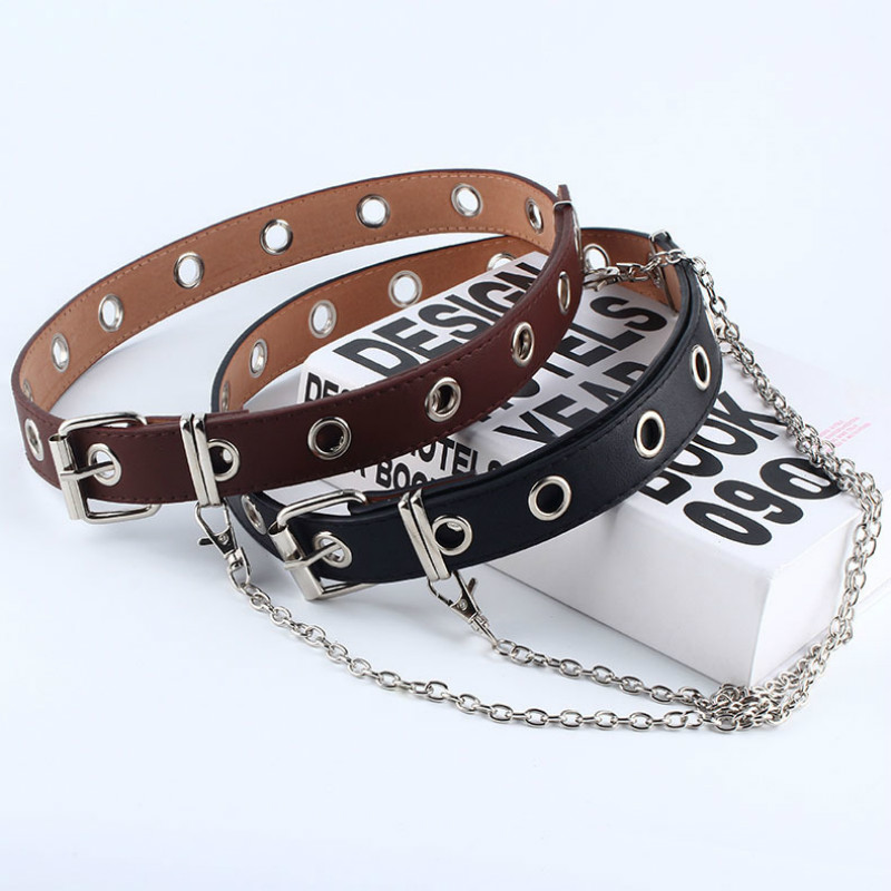 Vrouwen punk ketting riem verstelbare zwarte dubbele/enkele oogje ring leren gesp riem