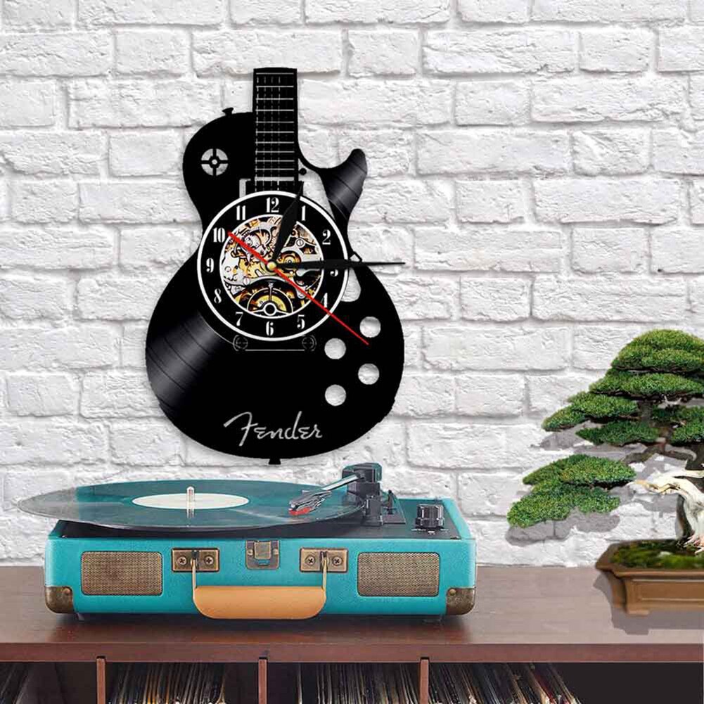 Acoustic Guitar Musical Instrument Silent Vinyl Record Wall Clock Home Bar Decor