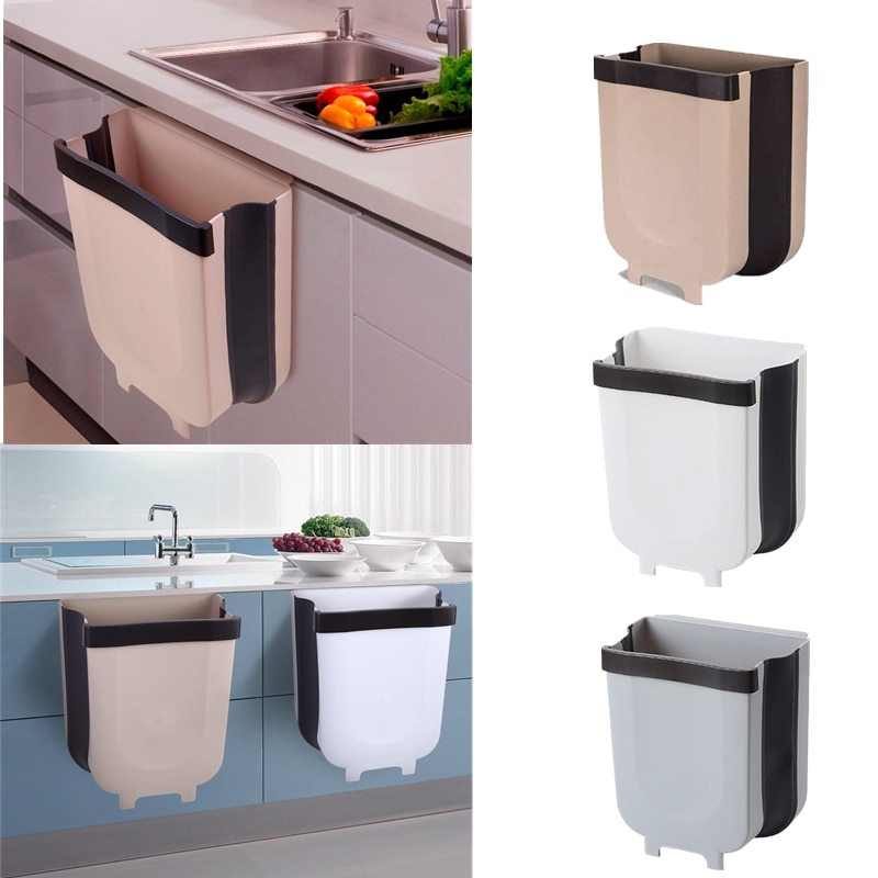 Folding Kitchen Cabinet Door Plastic Basket Hanging Trash Can Waste Bin Garbage Bowl Box Desktop Storage Trash Can Storage