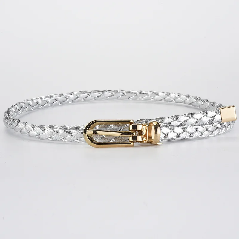 Ceinture tressée pour femmes, avec boucle dorée, ceinture fine décontractée pour étudiantes, accessoires de vêtements pour dames: Argent