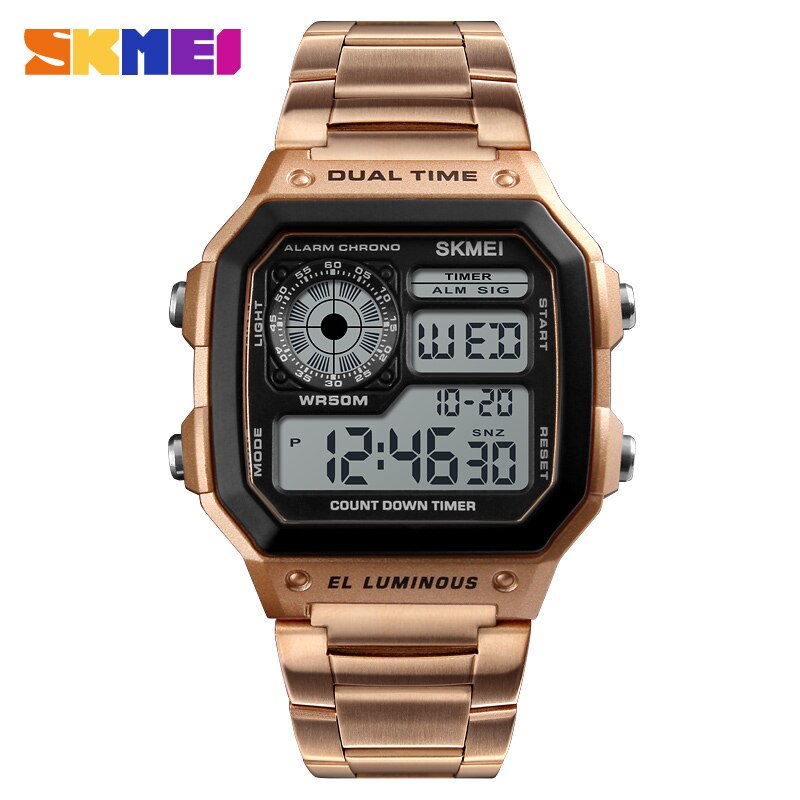 SKMEI Mannen Luxe Sport Horloges Count Down Waterdicht Horloge Staal Digitale Polshorloges Mannelijke Klok Relogio Masculino 1335: Rose Gold