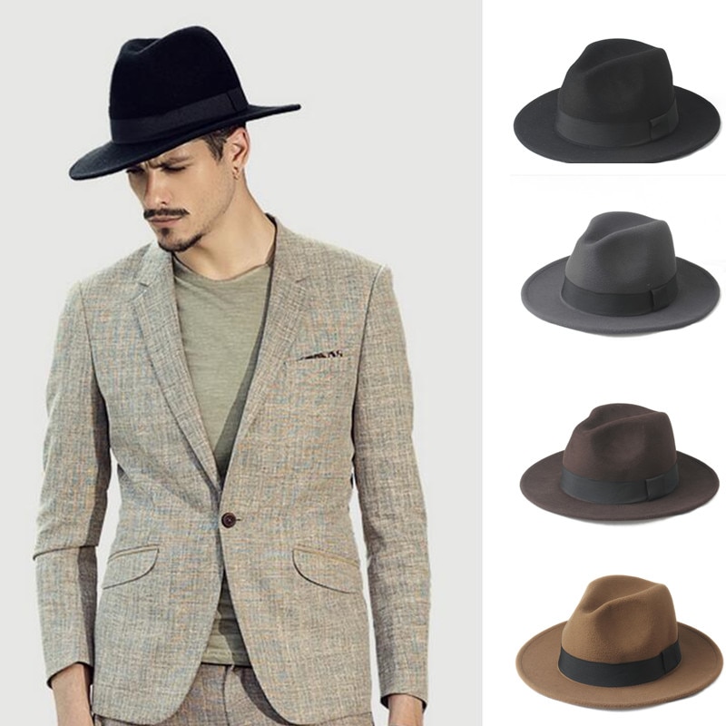 100%  uld bred rand vinter efterår mænd følte trilby fedora hat til gentleman top cloche panama sombrero cap 58cm