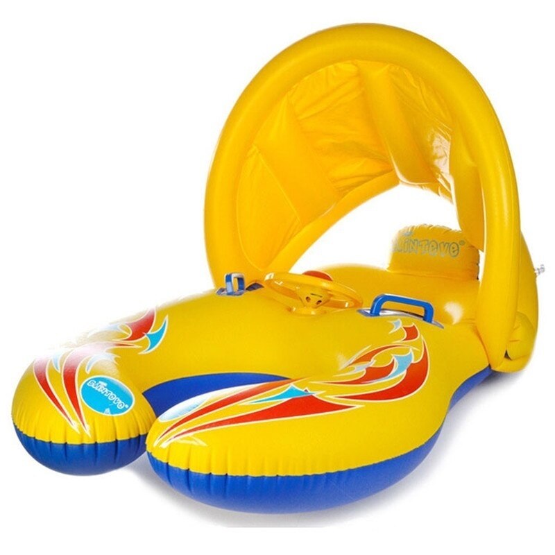 Inflatable Baby Swimming Ring Mommy Baby Parent-Child Double Person Float Seat Swimming Boat with Removeable Sun Canopy: y with sunshade