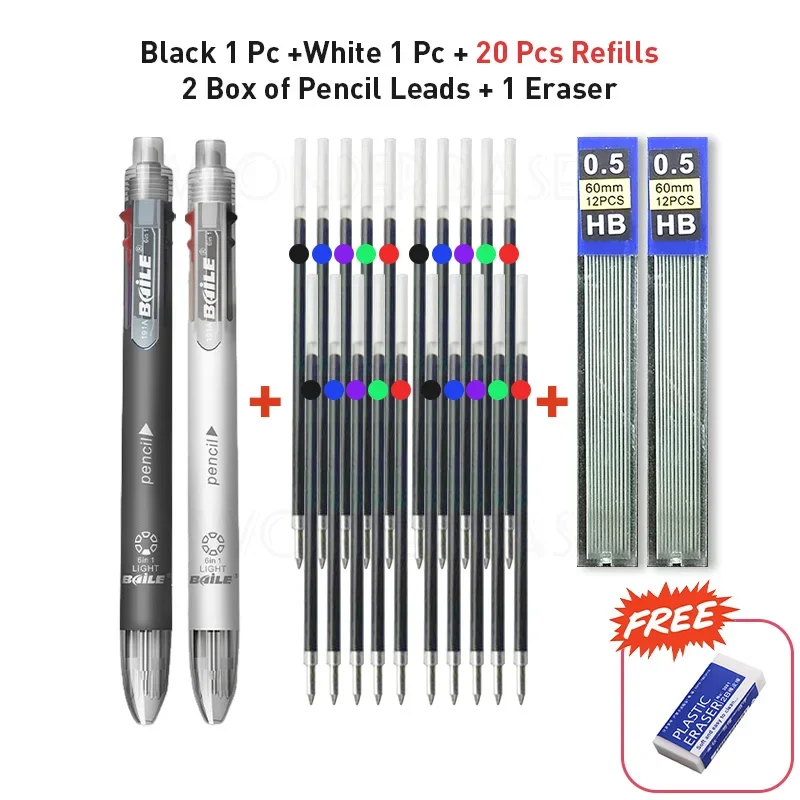 Flerfarget 6 in 1 kulepenn med påfyll stifte 5 farger rullekulepenn og 1 blyantstift multifunksjonspenn: Oransje