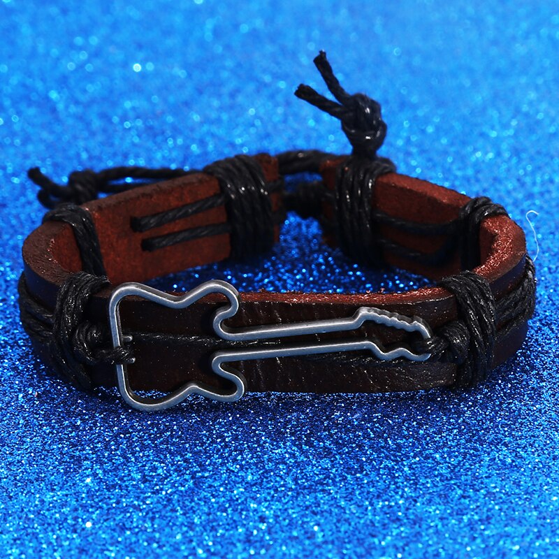 Modieuze Gitaar Vorm Charm Weave Pu Lederen Heren Armbanden Voor Vrouwen Homme Femme Mannelijke Sieraden: Black