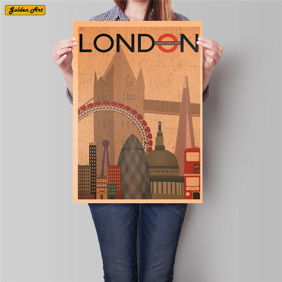 London city rejseplakat håndmalet turistattraktioner vintage kraftpapir pub cafe soveværelse boligindretning wallsticker 42 x 30cm