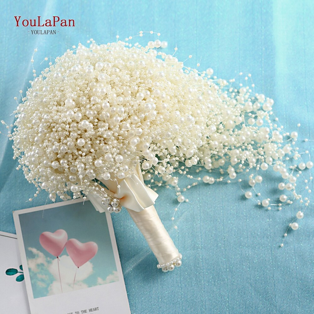 YouLaPan F24 Wedding Bouquet with Pearl Wedding Flowers Bridal Bouquets Bride Bouquet White Ivory Bridal Bouquet