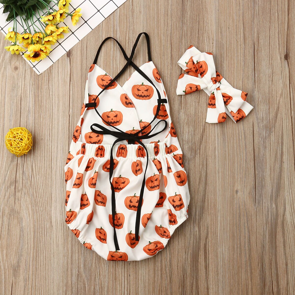 Halloween Newborn Infant Kids Baby Girls Boys Bodysuits Sleeveless Pumpkin Print Backless Belt Jumpsuits Headband 2pcs