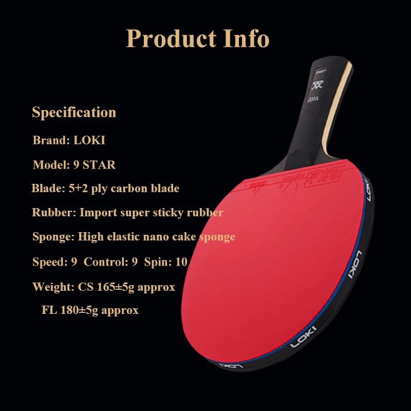 Loki 9 Ster Professionele Tafeltennis Racket Carbon Blade Pingpong Bat Ping Pong Paddle Met Hoge Kleverige Rubber Care Kit