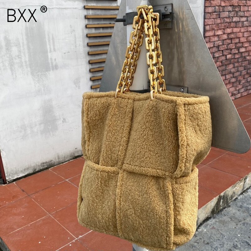 Sac à main en fausse fourrure pour femmes, sangle avec chaîne épaisse, couleur unie, sac à main pour voyage, HP002, hiver,