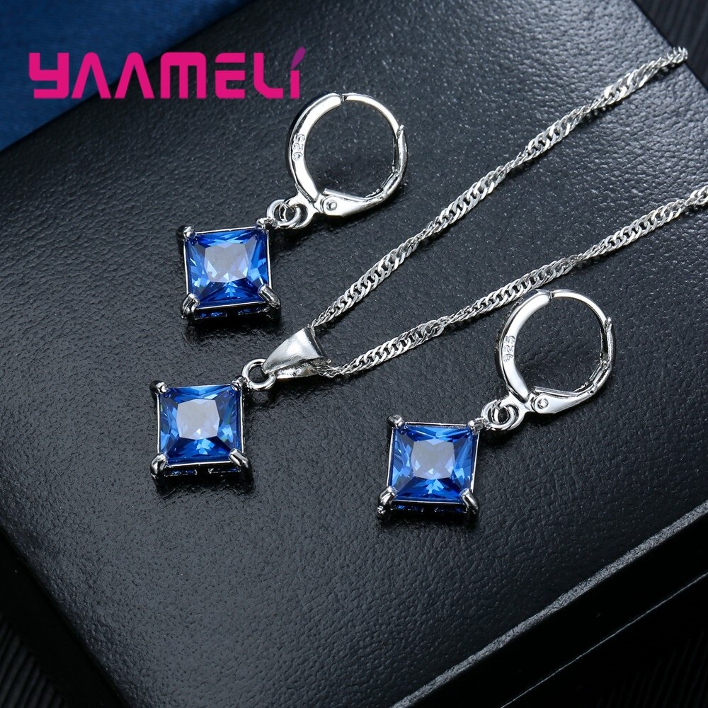 Authentieke 925 Sterling Zilveren Glanzende Cz Geometrische Klassieke Vierkante Huggie Oorbellen Ketting Sets Voor Vrouwen Fijne Sieraden